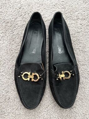 Salvatore Ferragamo Black Suede Loafer with Gold Gancini